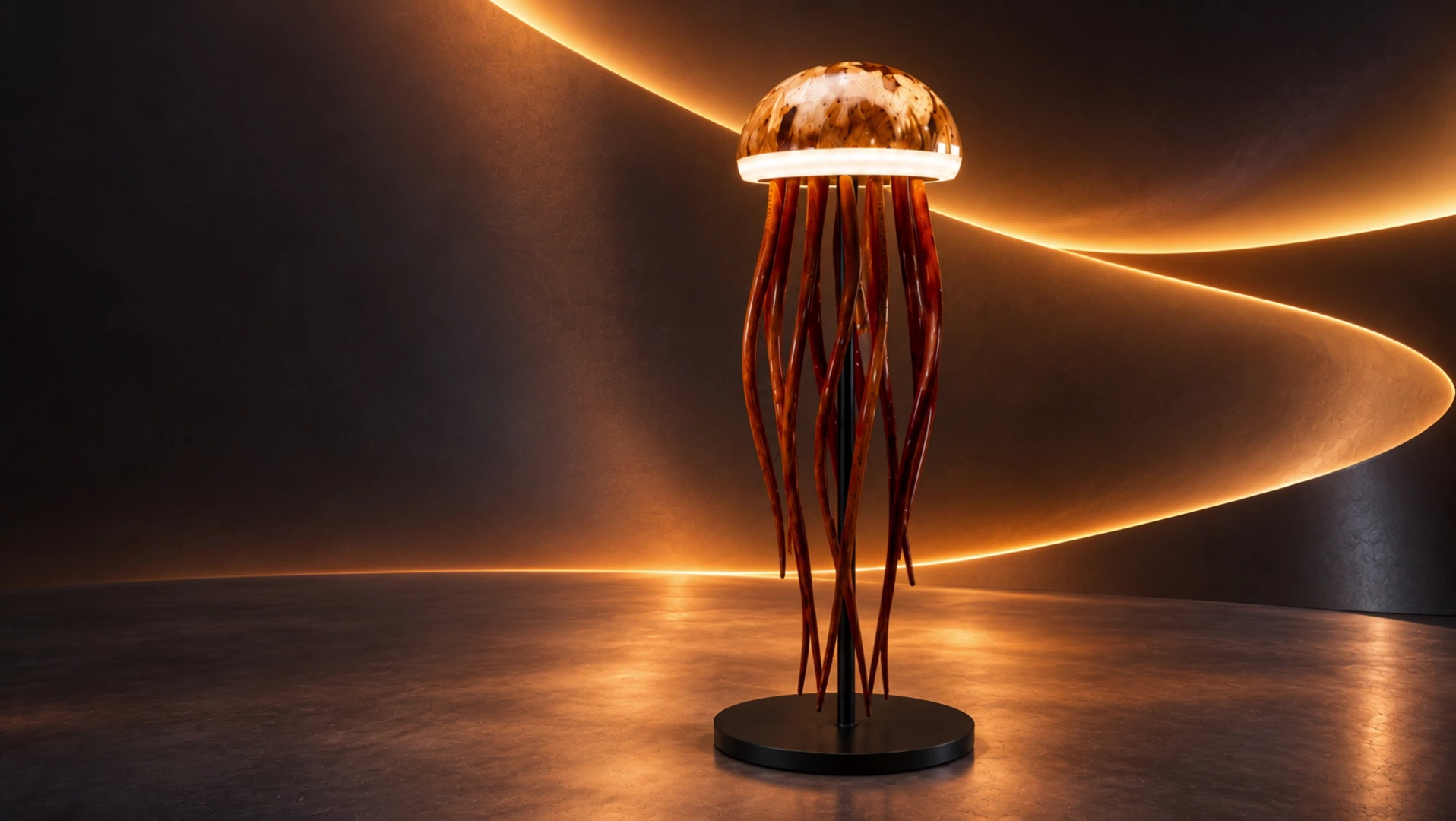 Meduza, a tall wooden kinetic sculpture with an amber crown and long slender wooden elements above a circular base, in a luminous gallery.