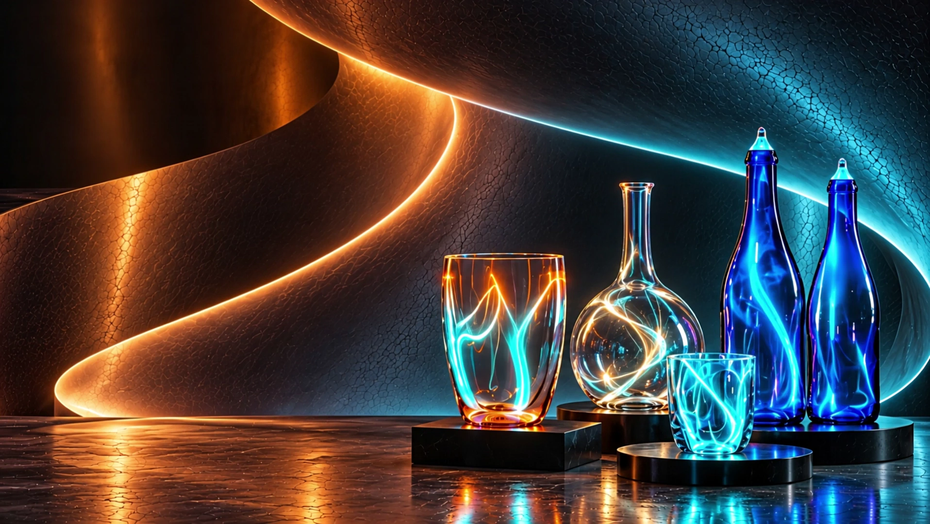 Plasma Art: two drinking glasses, a round flask and two cobalt-blue bottles filled with moving cyan and amber light in a sculptural gallery.
