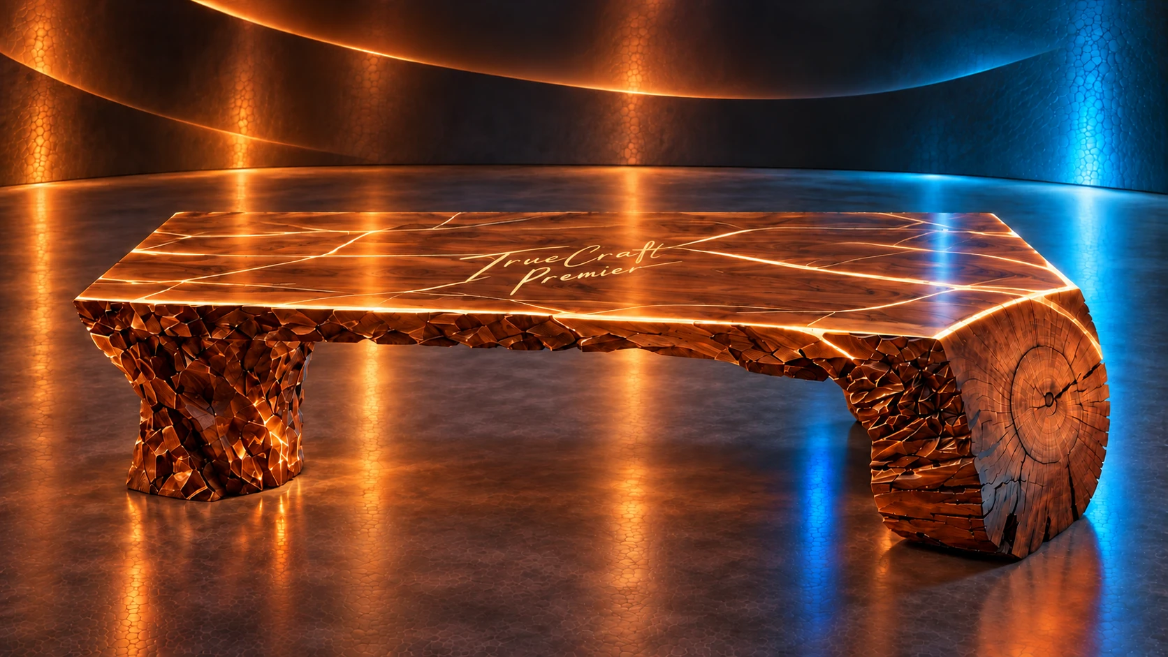 A large sculptural wood table, viewed from the front, with a richly figured timber top and an illuminated sculptural base.